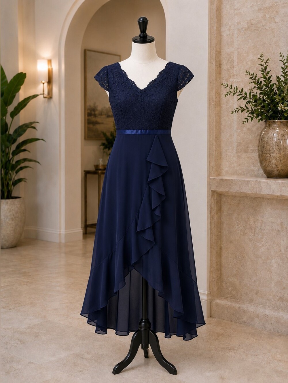 Elegant Navy Blue Lace Evening Dress.
